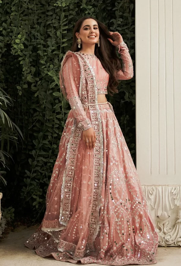 Tea Pink Lehenga Choli And Dupatta Dress For Bride